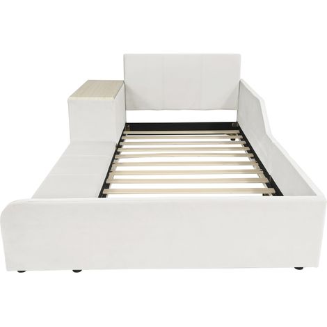 Lit enfant 90x200 cm en velours blanc avec bureau, tabouret et étagère (1/5)