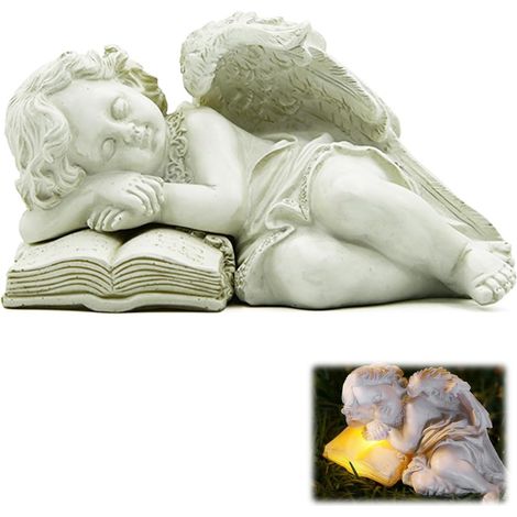 Statue du Jardin des Anges, Statue Jardin Exterieur Solaire en Résine Figurine Ange Gardien Endormi avec Lampes Solaires LED Ornements D'ange Funéraire Résistante aux Intempéries pour Cour Balcon (1/5)