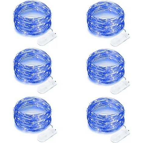 Guirlande lumineuse LED féérique, lot de 6, fil argenté étanche de 2 m, 20 LED, fonctionne sur piles, bleu, idéale pour mariages et fêtes. (1/5)