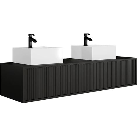 Mobile per bagno sospeso scanalato con doppio lavabo - Nero - 150 cm - ARNEGA