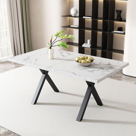 Esstisch 140x80x76 cm Weiß Marmoroptik MDF und Metall mit Kreuzgestell (1/5)