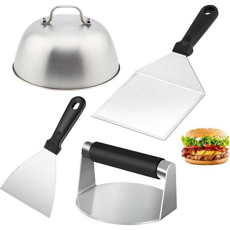 Burger Smasher Set, Kit de Presse à Hamburger, Smash Lot de 4 Hamburgers en Acier Inoxydable, Smash Burger Acier Inoxydable, avec Presse à Hamburger, 2 Spatules, et Cloche, pour Cuisine, Barbecue (1/5)