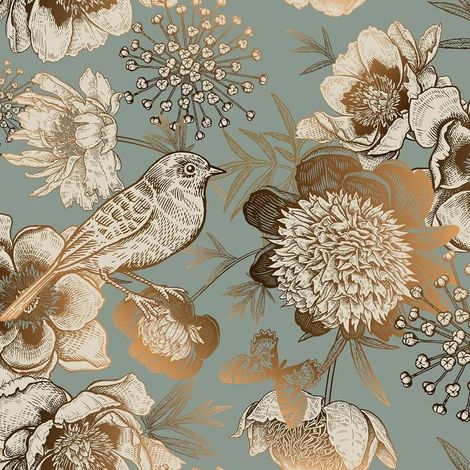 Papier Peint Vintage Fleurs Oiseaux Dorés Gris 45CM X 3M pour Chambre Sobre Doux Elégant, Salon, TV Canapé,Cusine, Mur, Armoire Papier Peint d'Or Adhésif Mural Facile à Nettoyer (1/5)