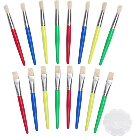 16 Grands Pinceau Peinture et Palette 12 Couleurs, Ensemble de Pinceaux Plats et Ronds Adaptés aux Garçons et aux Filles, Pinceaux à Poils pour Peinture Lavable (1/5)