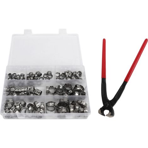 Kit de 130 colliers de serrage à une oreille en acier inoxydable 304 + pince à colliers de serrage. (1/5)
