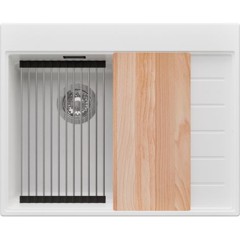 PRIMAGRAN Evier Cuisine en Granit 62x50cm,Lavabo 1 bac + Kit de Vidage + Accessoires, Évier à Encastrer au meuble 40cm - Sydney, Blanc (1/5)