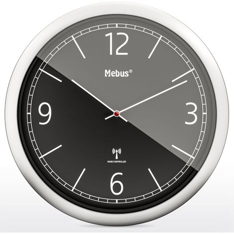 Mebus Horloge murale sans fil, 26 cm, silencieuse, design clair, cadre argenté, cadran noir, modèle 19813, moderne et précise