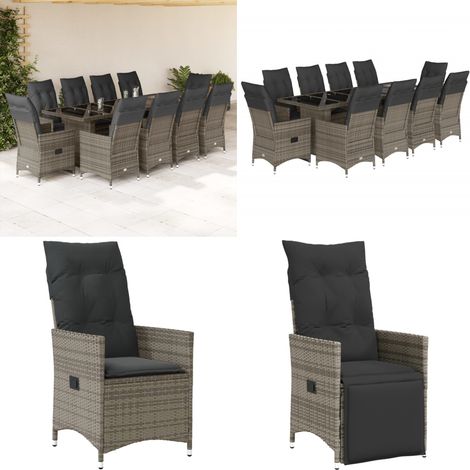 Set de mesa y sillas de jardín 11 pzas y cojines ratán PE gris - Sillas de jardín - Mesa de jardín