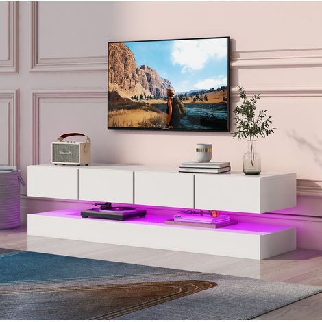 TV-Lowboard MDF Weiß, wandmontiert, mit 4 Schubladen und LED-Beleuchtung per App, 130 x 33 x 15 cm (1/5)
