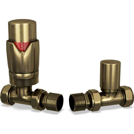 Stirling Bold - Antique Brass Thermostatic Radiator Valve & Lockshield Straight 8mm