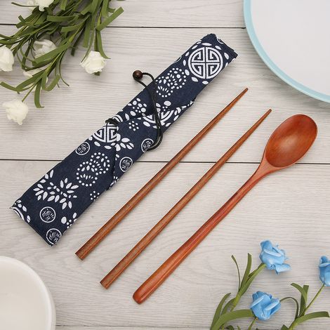 Ensemble de vaisselle portable en bois comprenant baguettes et cuillère à café, idéal pour les voyages, le bureau ou les activités de plein air. (1/5)