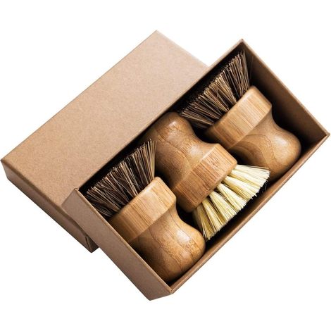 Palm Pot Brush-Bamboo Round Mini Brosse à vaisselle Brosse de nettoyage naturelle Kit de nettoyage de nettoyage durable avec fibre Union et fibre Tampico pour nettoyer les casseroles,les poêles,3pcs