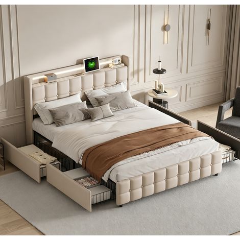 Lit coffre 140x200cm,avec 4 tiroirs,lit double140x200 avec rangement,tête de lit avec port de recharge USB et Éclairage LED, sommier à lattes,lit pour adulte et adolescent en lin beige (1/5)