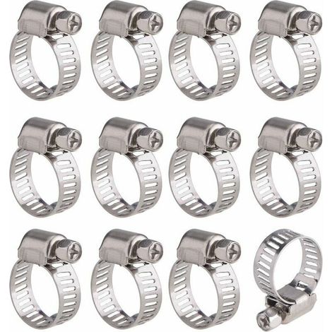 Clamps of tightening progressifs in stainless steel  Set of 12 parts, diameter adjustable 9 to 16 mm, fastening reliable for hoses (1/4)