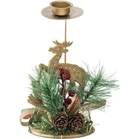 Bougeoir de Noël chandelier décoratif photophore en bois et fer avec baies rouges artificielles pommes de pin étoiles dorées pour décor de table événements familiaux cérémonies festives (1/4)