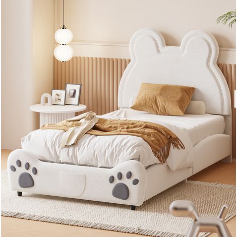 Cama infantil tapizada 90/200 cm blanca de tela aterciopelada con forma de oso (1/5)