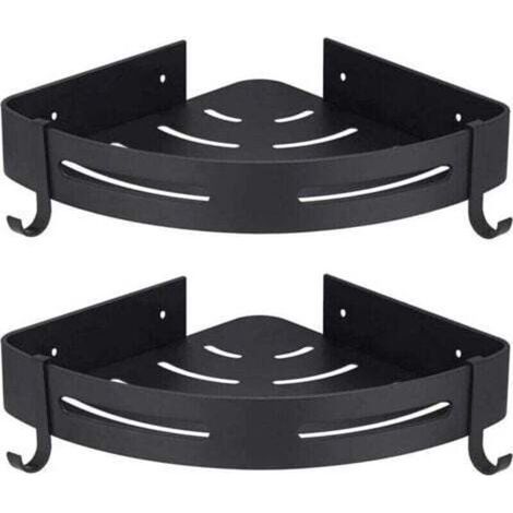 Support de douche d'angle sans perçage, lot de 2, avec crochets, noir, rangement de salle de bain, accessoires de salle de bain, porte-savon, support de douche, sans perçage (1/4)