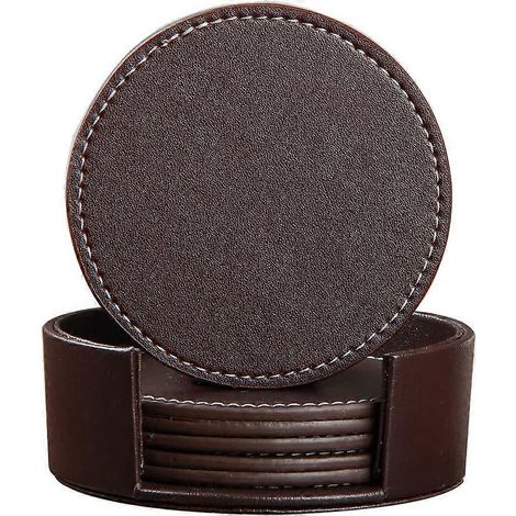 Untersetzer mit Halter, Set mit 6 runden braunen Untersetzern aus PU-Leder für Kaffee- und Teetassen. (1/3)