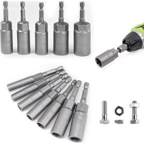 Lot de 12 douilles de 6 à 19 mm - Douilles hexagonales longues - Profondeur de traitement : 34 mm - Pour visseuse et clé à molette (1/5)