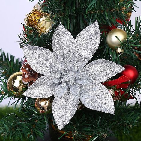 12 Pack Glitter Artificial Christmas Flowers (16cmchristmas Tree Decoration (silver) (1/5)