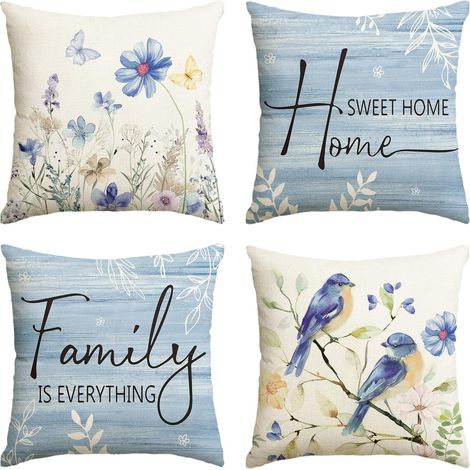 Housses de coussin sur le thème du printemps : Proverbes, fleurs, papillons et oiseaux — 18 x 18 pouces, lot de 4 (1/5)
