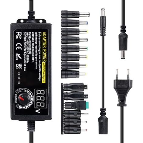 Adaptateur Secteur Universel 3 V-24 V, Adaptateur d'alimentation Réglable 72w, Alimentation Universelle, 100 V-240 V AC Chargeur Universel avec 14 Embouts DC pour L'électronique Domestique (1/5)