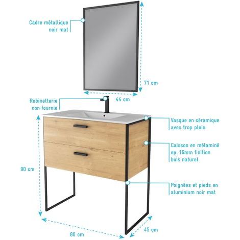 Aurlane – Ensemble meuble de salle de bain 90x45cm – Caisson MDF chêne naturel – Vasque céramique blanche avec trop plein – Miroir cadre noir mat — vue 4
