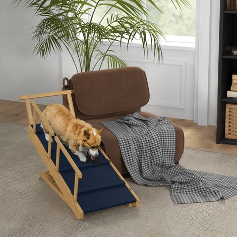 Hunderampe, höhenverstellbar, klappbar, Geländer, für Hunde bis 40kg, Holzrahmen, 85 x 40 x 61 cm, Schwarz