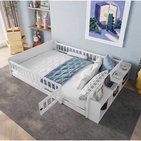 Letto per bambini in legno di pino bianco 140x200 cm con contenitori aperti e barriera apribile (1/5)