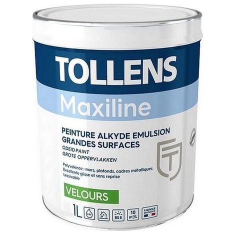 Tollens – Peinture acrylique-alkyde velours pour murs et plafonds – Couleur blanc – Lessivable – Rendement 10m²/L – Application facile