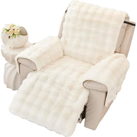 Soft Plush Armchair Cover, Armrest Cover, Non-Slip Armchair Cover, Fluffy Faux Fur Relaxation Chair Cover (White)