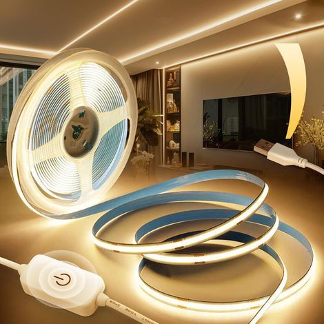 x 5M USB COB LED Strip Warm White 3000K Dimmable 320 LEDs/M Flexible for TV, Wardrobe, Bedroom (1/5)