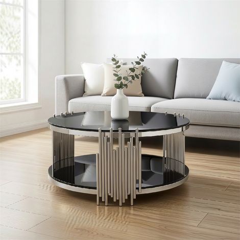 Table Basse Ronde en Verre Trempé Noir - 80x80x45 cm - Double Plateau et Structure en Acier Inoxydable Argenté - Noir et Argent (1/5)