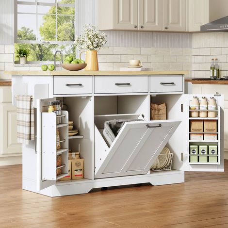 Îlot de cuisine mobile avec plan de travail rabattable, desserte, meuble de rangement, meuble poubelle, buffet avec étagère à épices, tiroir et roulettes, 120 × 45 (70) × 87 cm (1/5)