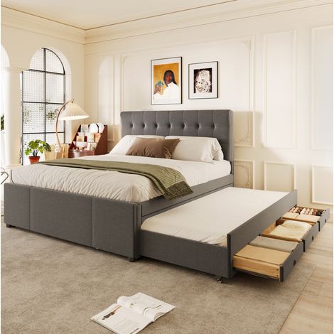 Polsterbett Leinen Grau 140x200 cm mit Ausziehbett, 3 Schubladen und verstellbarem Kopfteil (1/5)