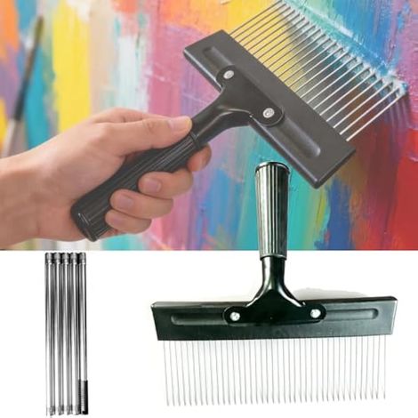 Peigne à Texturer pour Murs, Peigne à Peinture en Acier Inoxydable, Grattoir pour Platre Artistique avec Poignée et Tige Télescopique, Rateau à Grainer pour Peinture pour Décoration en Texturé (1/5)