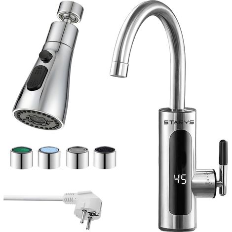 Robinet d'eau chaude électrique instantané, affichage LCD de la température, tête flexible à 360° avec 3 modes de jet d'eau + 4 têtes incluses, acier inoxydable (1/5)