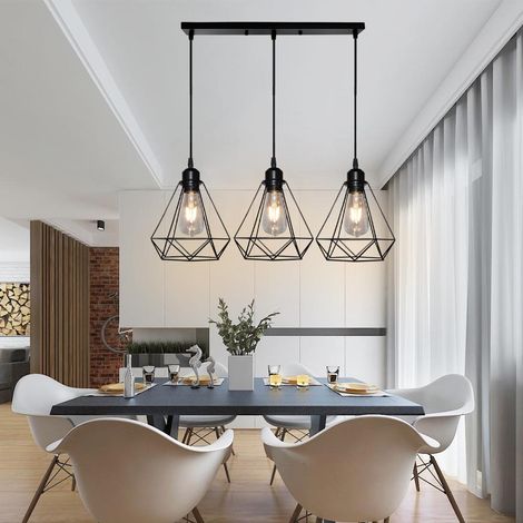 E27 Lustre Suspension Industriel Lampe de Suspension Forme Diamant Fer pour Chambre Salon Bar Noir Longueur de Base 50CM