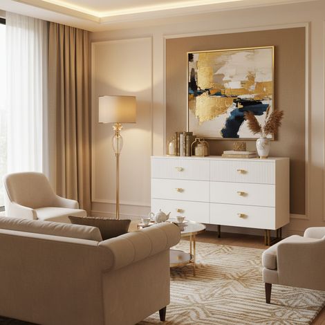 URBAN MEUBLE Buffet élégant crème à 6 tiroirs avec façades rainurées et poignées dorées - style contemporain 120x40x75cm (1/5)