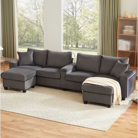 Divano a U con 2 pouf contenitore, porte USB e Type-C, luci LED, 334x128,5x81 cm, in velluto a coste grigio (1/5)