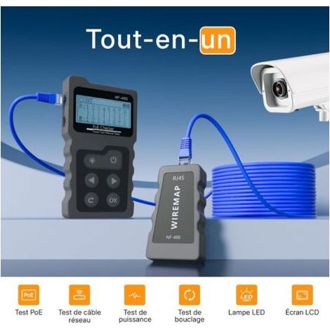 Testeur de Réseau RJ45 avec Testeur de Câble LCD, Testeur de tension Testeur pour test POE, Instrument de Mesure de Réseau Testeur de Puissance de Ligne (1/5)