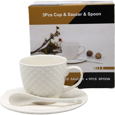 Tasse en porcelaine blanche avec soucoupe et cuillère, 210 ml, dans une boîte (1/5)