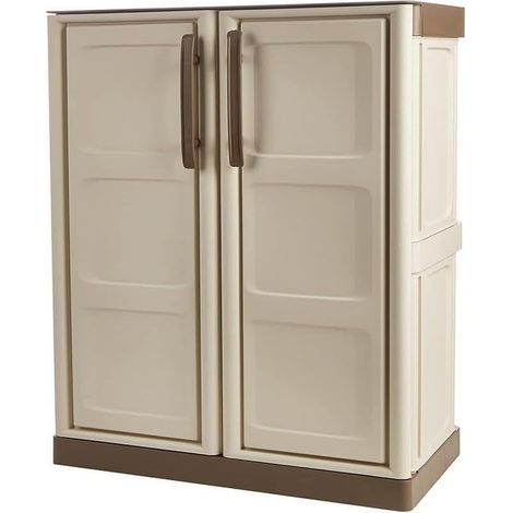 Armoire polyvalente extérieure ou interne, armoire basse avec 2 portes et 1 étagère en polypropylène, 70x39h86 cm, couleur beige (1/5)