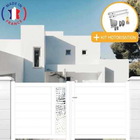 Portail aluminium battant découpe laser en kit + Motorisation dimensions L.4000 (entre piliers) X H.1500 mm SGS Essential (vérins) Couleurs Blanc (RAL 9010) (1/2)