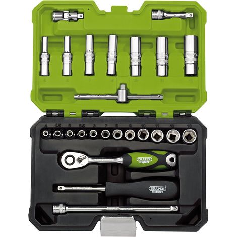 Draper Expert Metric Socket Set, 1/4" Square Drive, 25-Piece, Green (1/5)