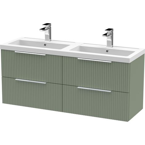 Fluted Front Wall Hung 4 Soft Close Drawer Bathroom Vanity Unit with 2 Tap Hole Double Polymarble Basin, 1200mm, Satin Green
