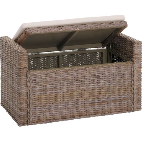 banc M92 banc de vestiaire banc pouf, avec espace de rangement coussin Kubu rotin 88cm, gris-brun