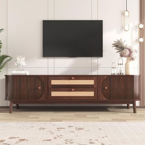 Meuble TV - Maison de campagne - Noyer - 170x46x39,5 cm - Bois massif - Tiroirs en rotin
