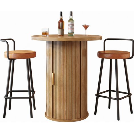 Ensemble table de bar avec 2 tabourets de bar, table haute ronde avec espace de rangement et 2 tabourets de bar ergonomiques, aspect bois MDF, pour bar et salon (1/4)