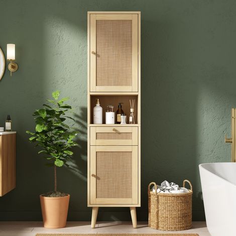 Mueble de baño independiente, 166 cm de alto, puertas reversibles de ratán (izquierda/derecha), cajón, cierre magnético, bisagras de cierre suave, 40 × 30 × 166 cm, acabado en madera natural. (1/5)